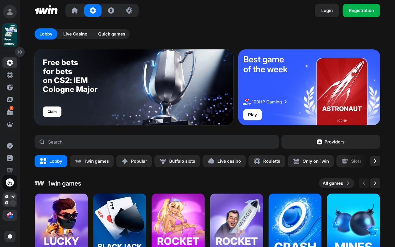 1Win casino lobby with game category tabs, slot tiles from Pragmatic Play, Hacksaw Gaming, BGaming, and View all 11,735 games button