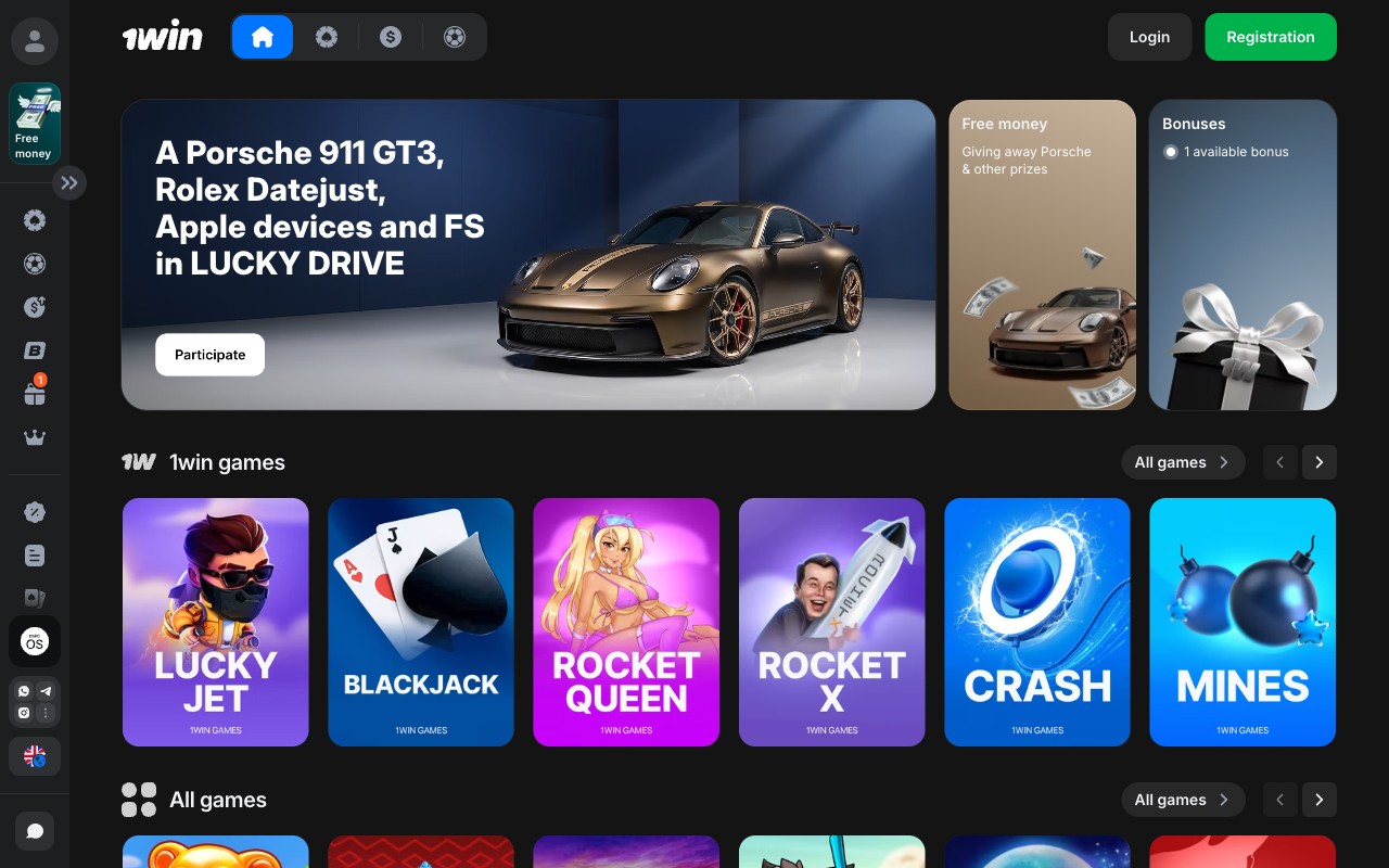 1Win homepage in English locale showing #1 CRYPTO CASINO and SPORTSBOOK hero, Lucky Drive Porsche promo carousel, Jon Jones brand ambassador banner, Login and Registration CTAs, top navigation (Sports / Casino / Esports / Aviator)
