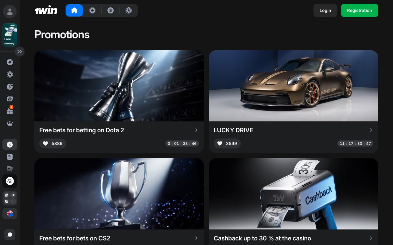 1Win promotions grid showing Free bets Dota 2 and CS2, Lucky Drive Porsche promotion, Casino Cashback 30 percent, Multiple bet bonus, Spinomenal tournament 12M EUR pool
