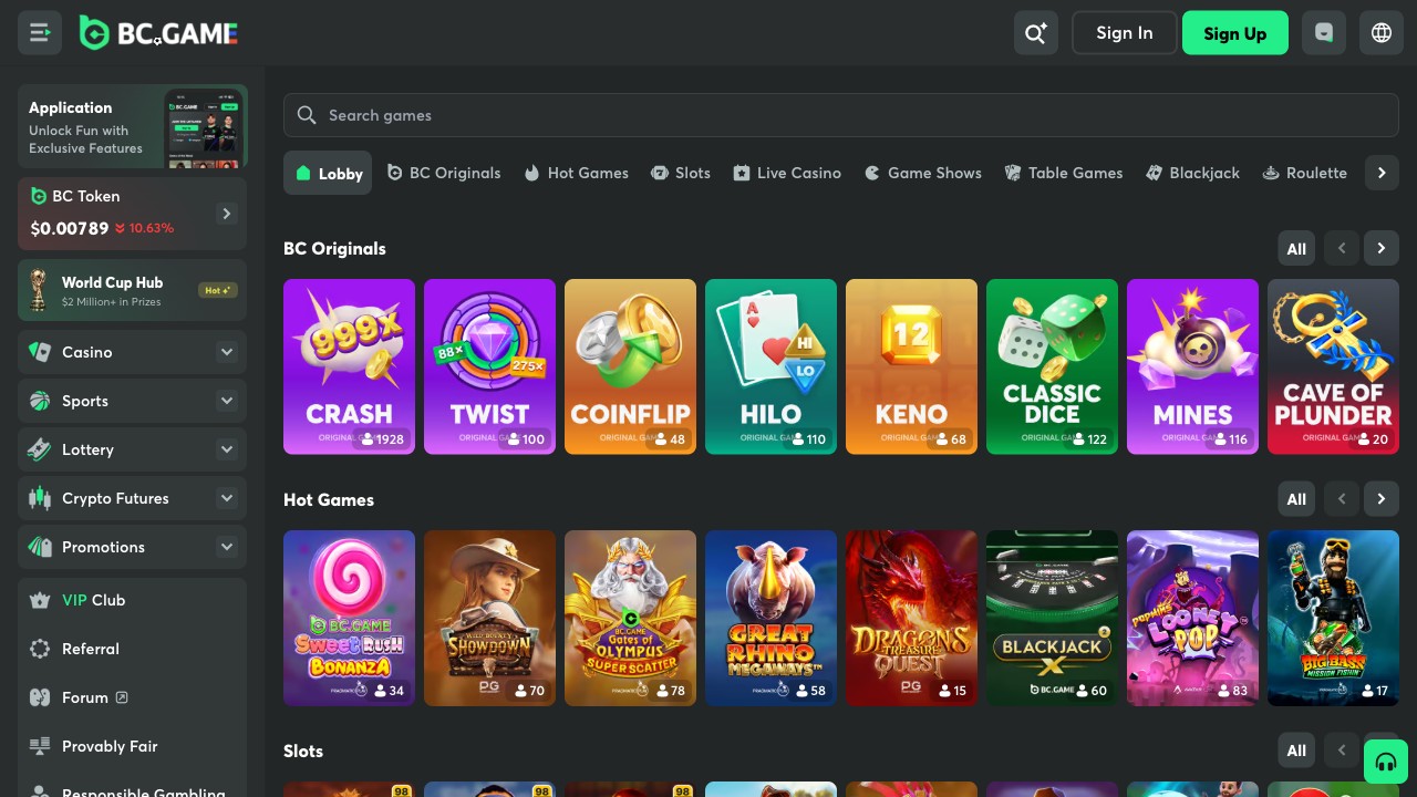BC.Game casino lobby (English locale) with tab bar Lobby/BC Originals/Hot Games/Slots/Live Casino/Game Shows/Table Games and BC Originals row Crash/Twist/Coinflip/HiLo/Keno/Classic Dice/Mines