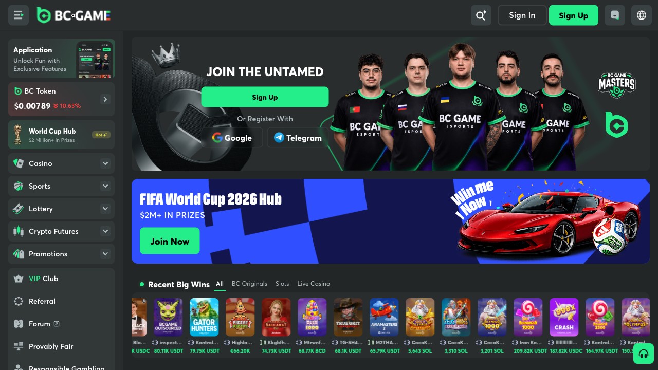 BC.Game homepage hero (English locale) - JOIN THE UNTAMED banner, Casino/Sports/Lottery/Crypto Futures/Promotions nav, FIFA World Cup 2026 Hub promo, recent wins strip