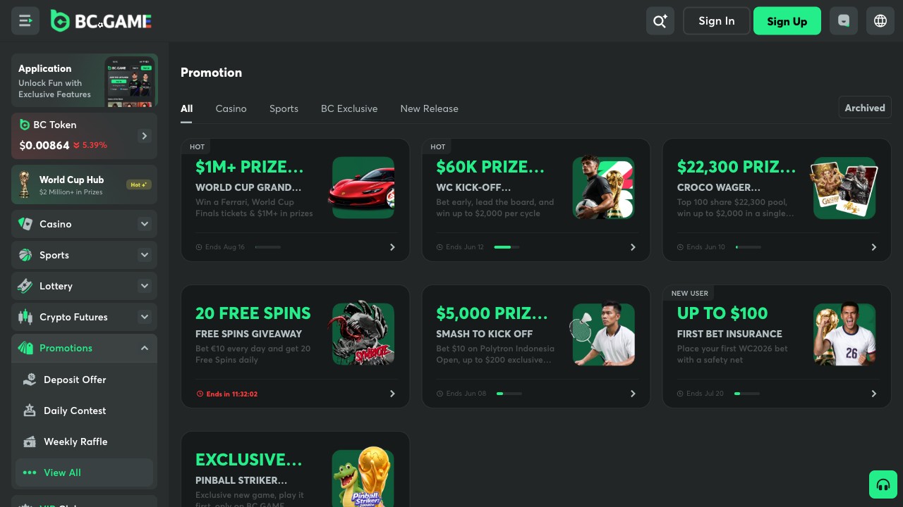 BC.Game promotions page (June 2026) showing FIFA World Cup 2026 campaign overlay with seasonal tournament promos and Welcome Cashback Quest mechanics