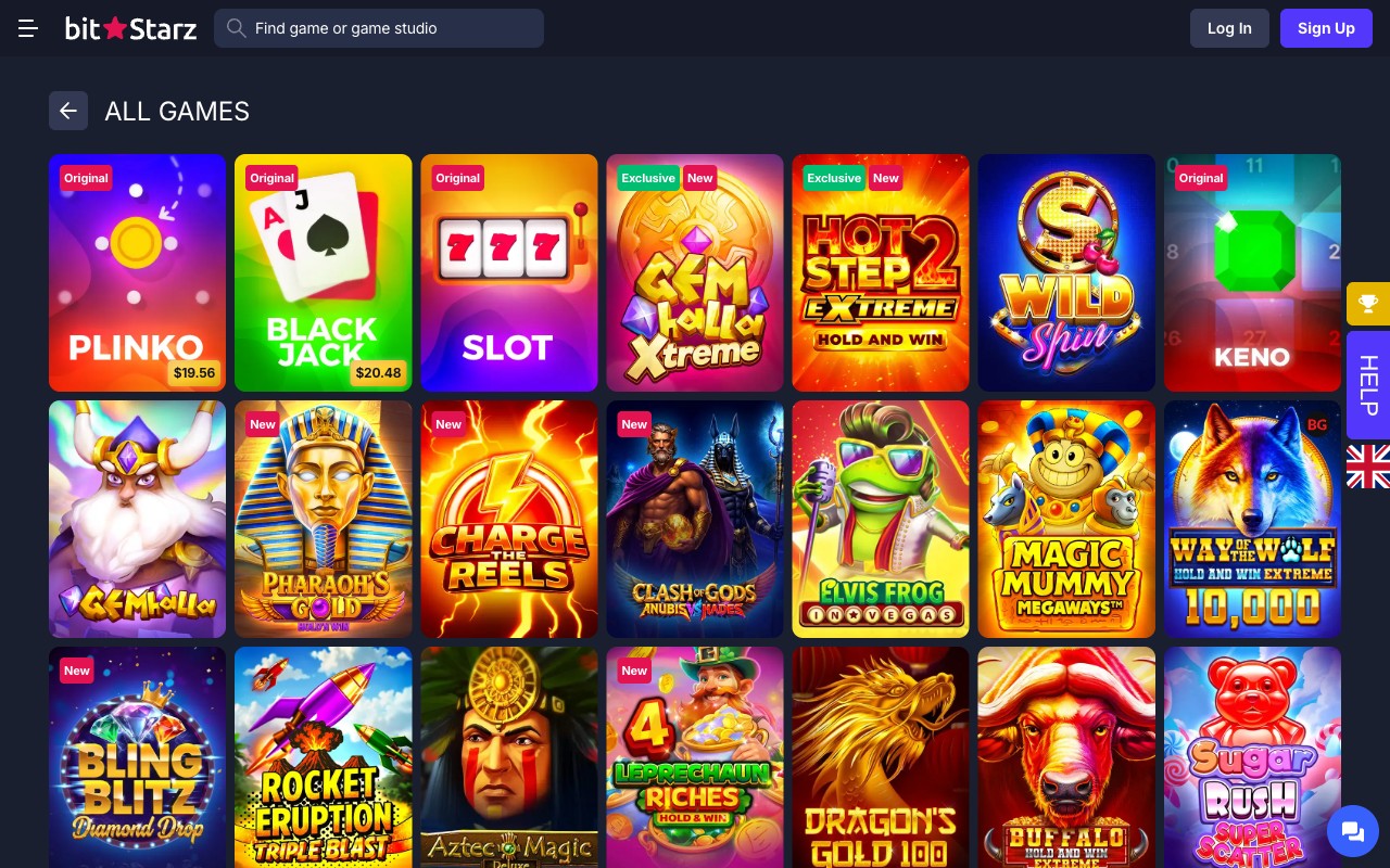 BitStarz casino lobby in English locale showing ALL GAMES heading, game grid with New / Exclusive / Original badges, provider filters and category navigation. 6,500+ games from 69 providers visible