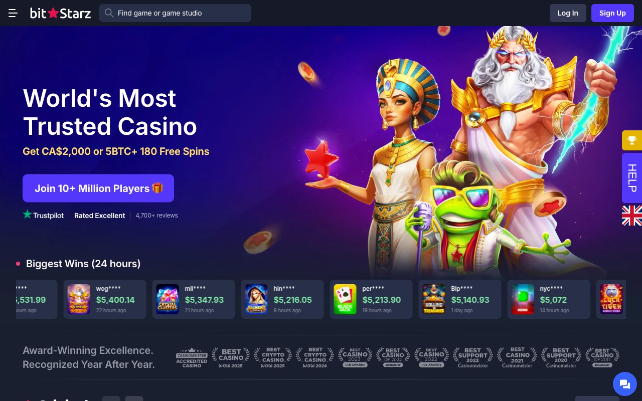 BitStarz homepage in English locale showing World Most Trusted Casino tagline, CA$2,000 OR 5 BTC + 180 Free Spins welcome bonus headline, BitStarz Originals row, Top Games + game category navigation, Log In / Sign Up CTAs