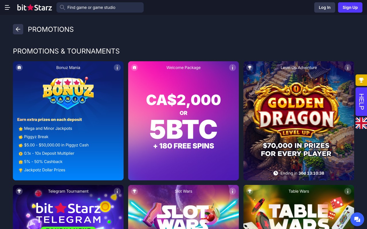 BitStarz promotions and tournaments page in English locale showing Welcome Package (CA$2,000 OR 5 BTC + 180 Free Spins) across 4 deposits, Monday Reload Bonus, Wednesday Free Spins, Slot Wars + Table Wars + tournaments rotation
