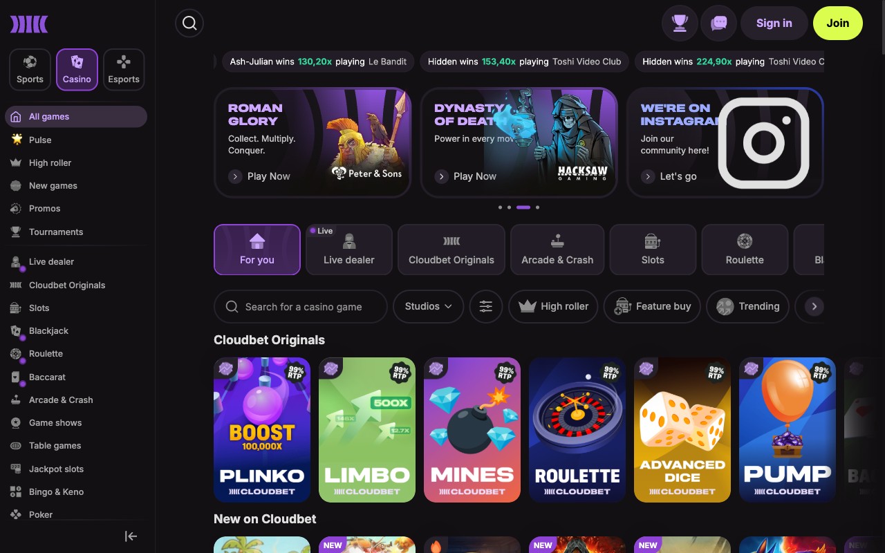 Cloudbet casino lobby with category tabs (Live dealer, Cloudbet Originals, Arcade and Crash, Slots, Roulette) and Cloudbet Originals row featuring Plinko, Limbo, Mines, Roulette, Advanced Dice, Pump