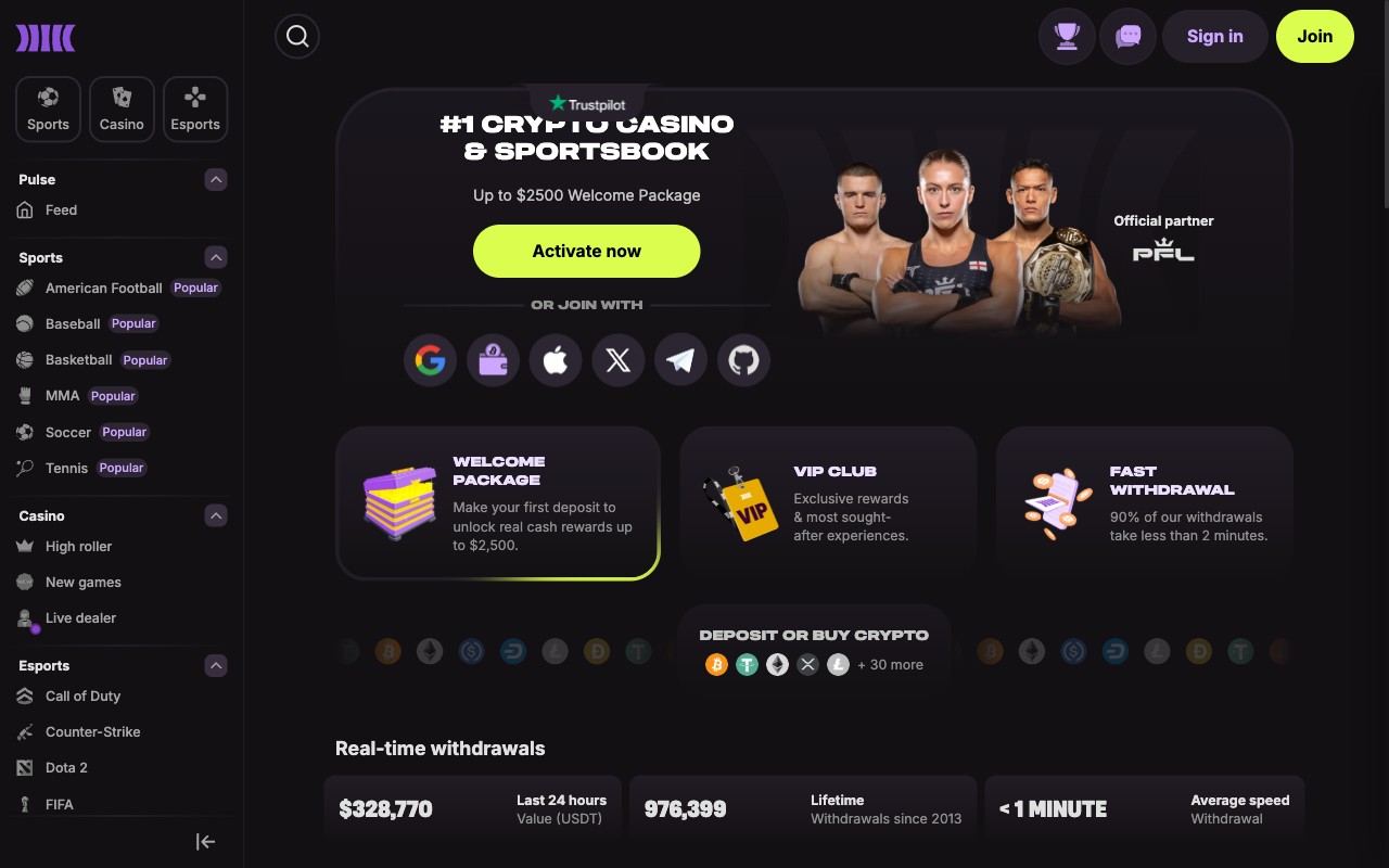 Cloudbet homepage in English locale showing #1 CRYPTO CASINO and SPORTSBOOK hero, $2,500 Welcome Package CTA, top nav (Sports / Casino / Esports), social login row, real-time withdrawals stats strip