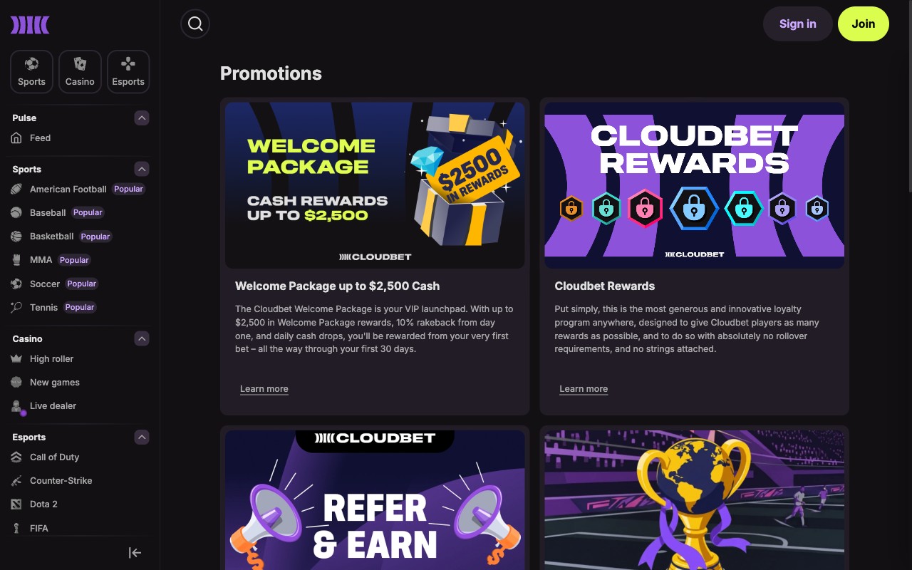 Cloudbet promotions page showing Welcome Package up to $2,500 cash, Cloudbet Rewards loyalty programme, Refer and Earn promotional card