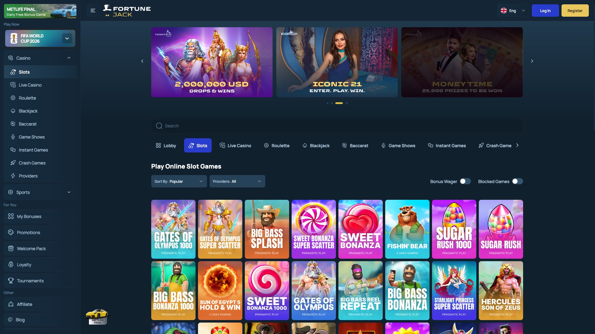 FortuneJack casino lobby showing slots category grid with multiple game tiles from Pragmatic Play, NetEnt, Endorphina, BetSoft providers