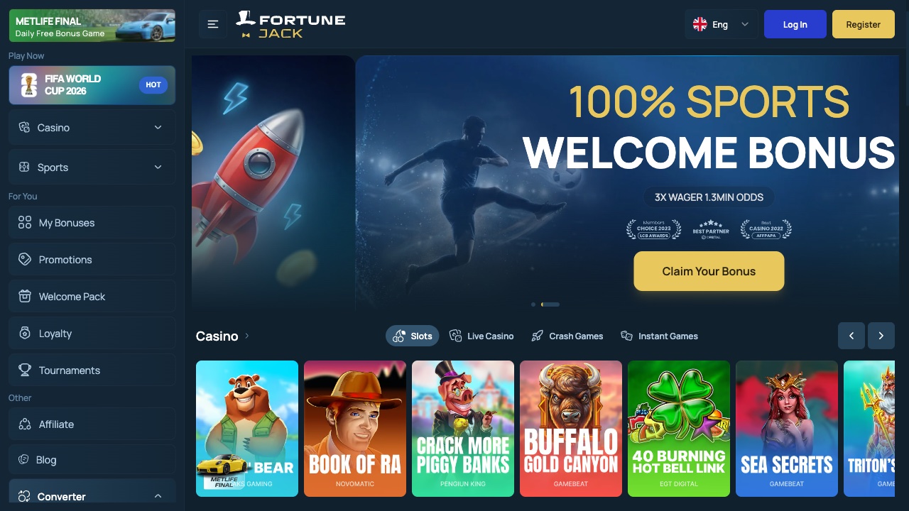 FortuneJack homepage showing hero promotion banner, 500% Welcome Package across 4 deposits headline, top navigation with Casino / Sports / Promotions tabs, signup CTA