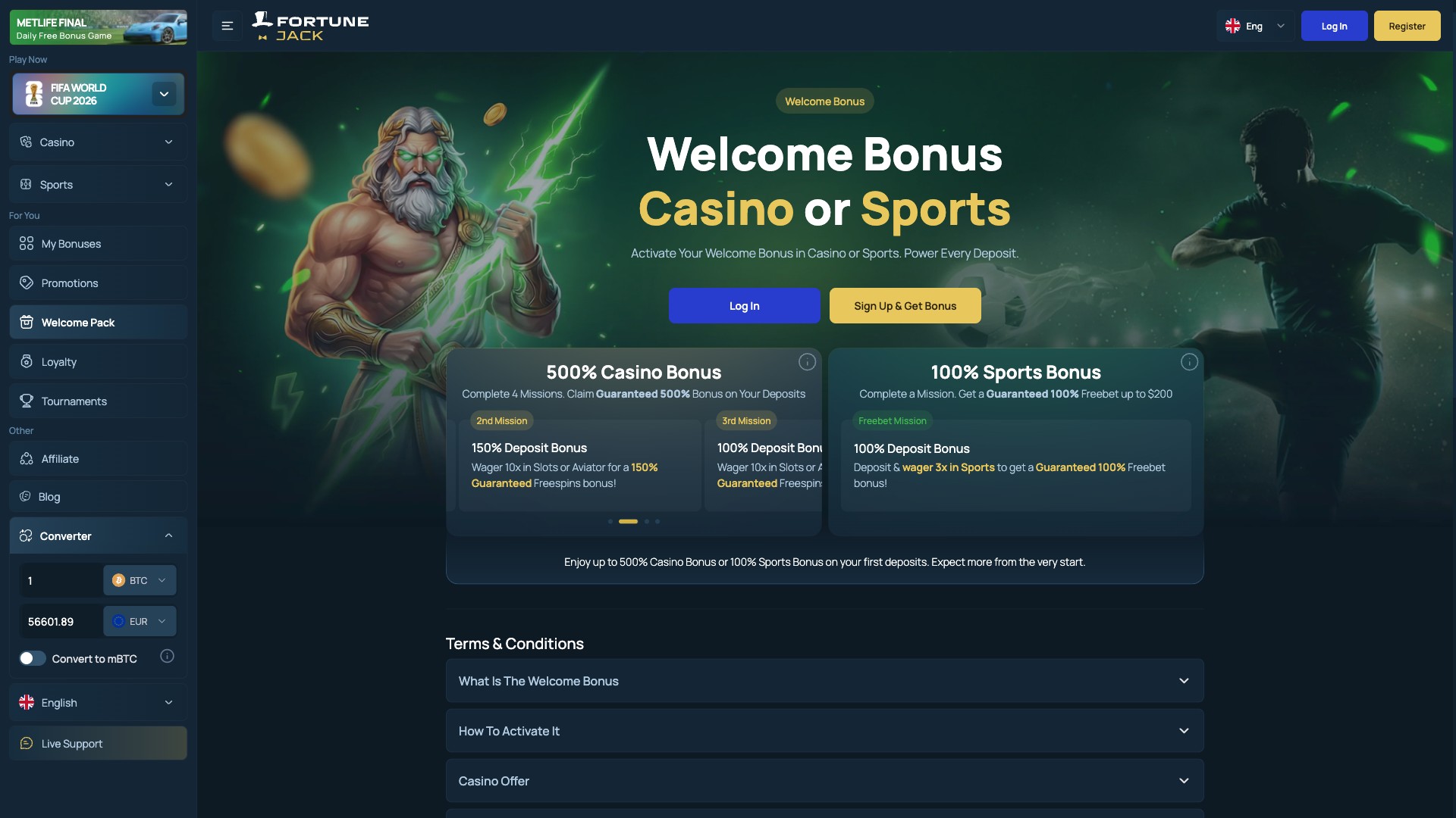 FortuneJack Welcome Package promotions page showing 500% Casino Welcome Bonus across 4 deposits with 10x wagering requirement breakdown