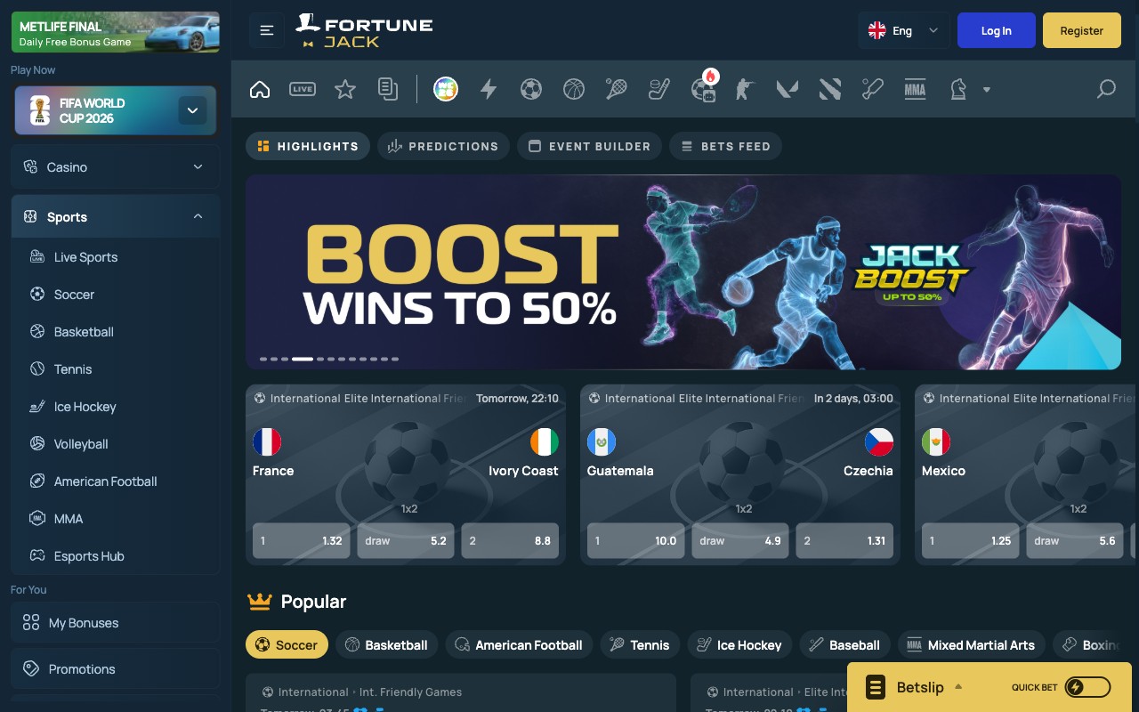 FortuneJack crypto-sportsbook page showing 9 sports navigation (Live / Soccer / Basketball / Tennis / Ice Hockey / Volleyball / American Football / MMA / Esports Hub), FIFA World Cup 2026 featured event, live odds for international friendlies (Guatemala vs Czechia 10.0/4.9/1.31, Mexico vs Serbia 1.25/5.6/11.0), Highlights / Predictions / Event Builder / Bets Feed tabs, Quick Bet betslip widget