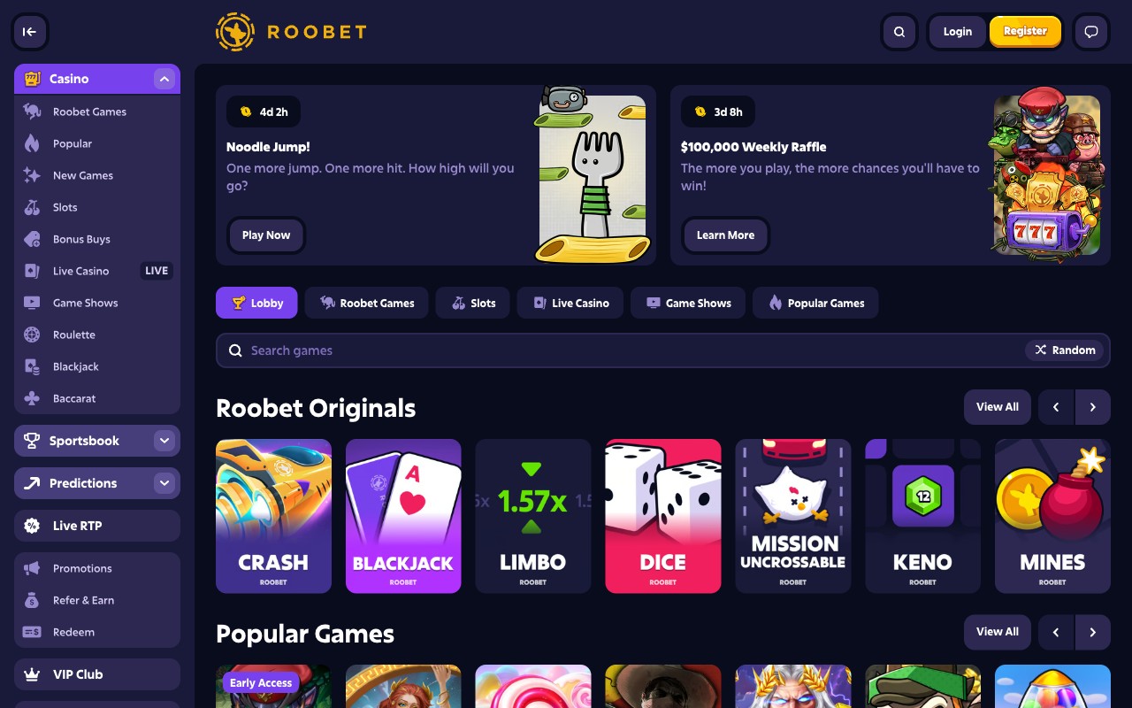 Roobet casino lobby with category tabs (Live dealer, Roobet Originals, Arcade and Crash, Slots, Roulette) and Roobet Originals row featuring Plinko, Limbo, Mines, Roulette, Advanced Dice, Pump