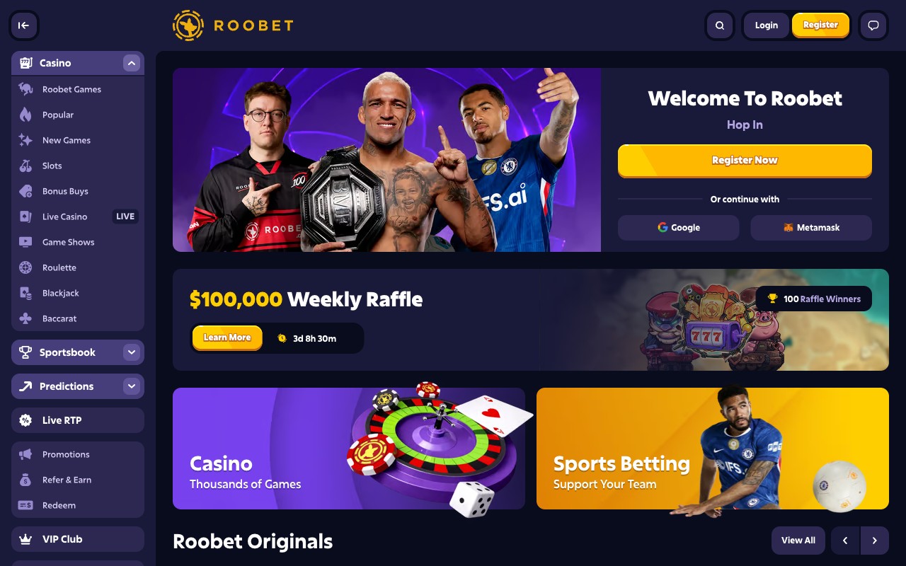 Roobet homepage in English locale showing #1 CRYPTO CASINO and SPORTSBOOK hero, $1,400 Welcome cashback CTA, top nav (Sports / Casino / Esports), social login row, real-time withdrawals stats strip