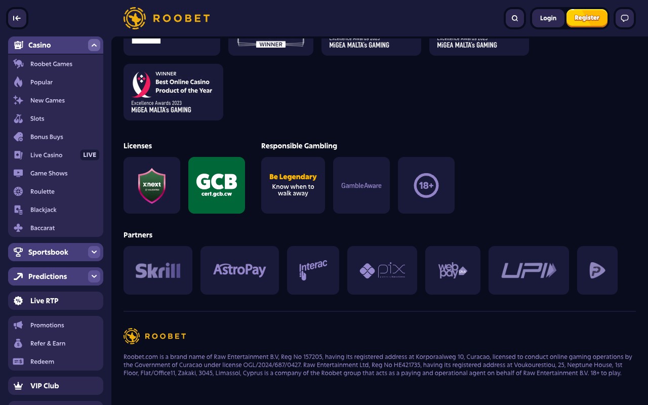 Roobet site-footer licence + corporate disclosure block - Curacao Gaming Authority direct licence OGL/2024/687/0427, Raw Entertainment B.V. (Curacao registration 157205) at Korporaalweg 10 Willemstad, Raw Entertainment Ltd paying agent (Cyprus HE421735), 18+ responsible-gambling notice