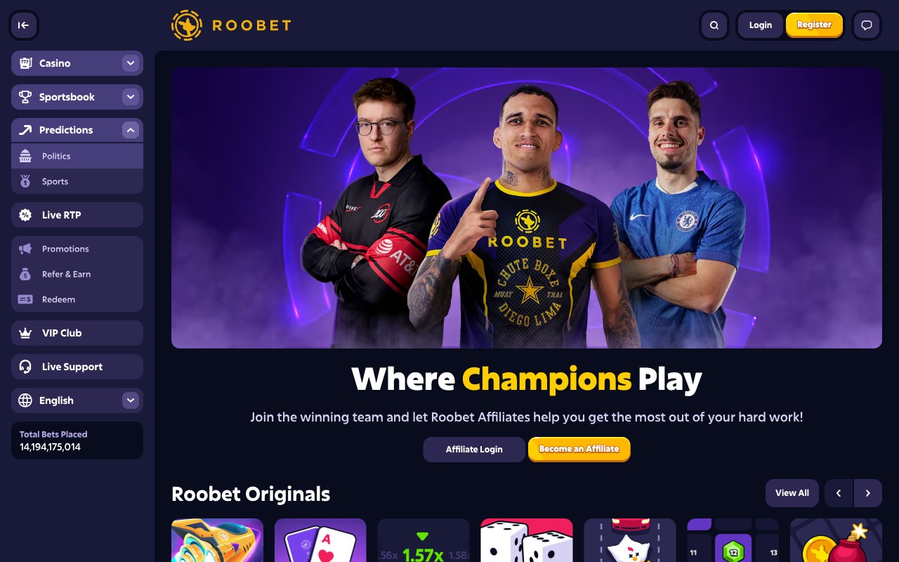 Roobet mobile-web hero in English locale - top-header navigation pattern (hamburger + brand + Sign Up CTA), Welcome cashback callout, primary Sports / Casino / Predictions tiles