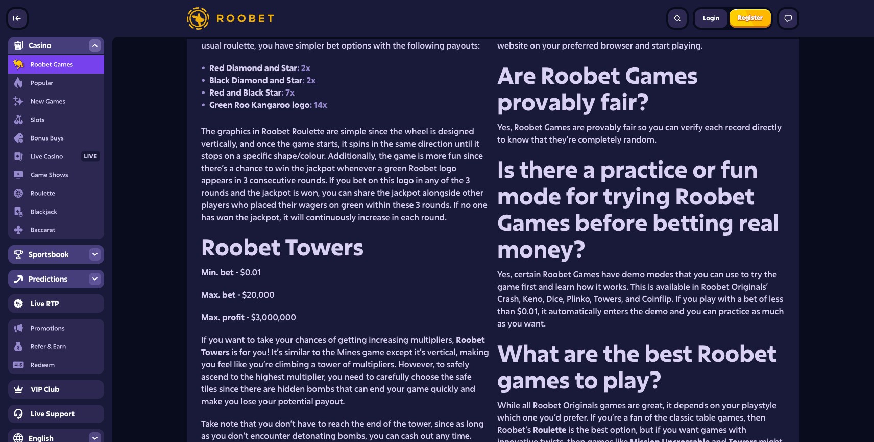 Roobet Originals page showing 10 in-house provably-fair games (Crash, Roulette, Dice, Mines, Towers max $3M, Coinflip, Plinko, Mission Uncrossable, Keno, Blackjack, Slide, Limbo)