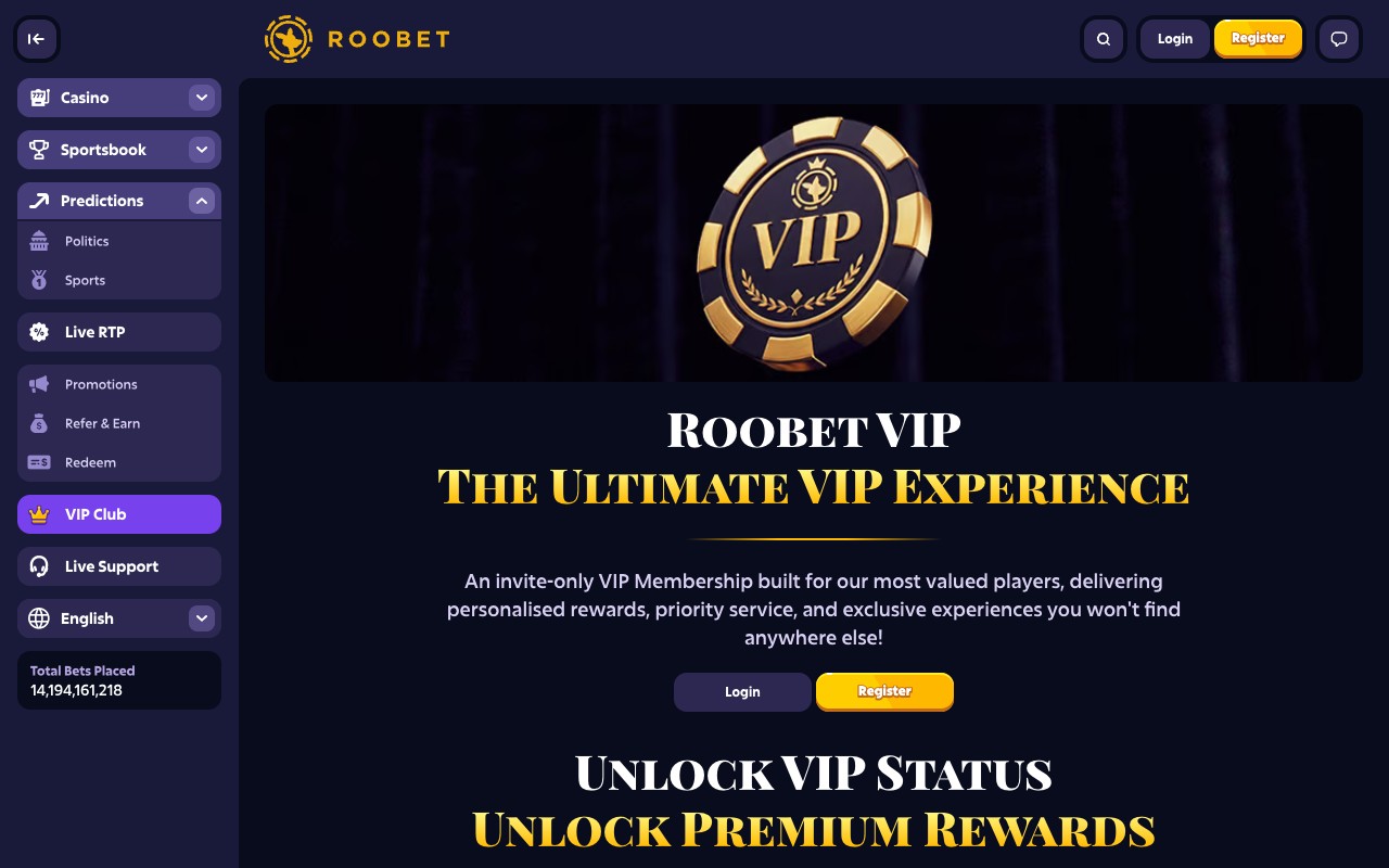 Roobet Predictions page showing Polymarket-integrated political and crypto prediction markets, $253.8M observed volume on a single Politics market, multi-crypto access (BTC / ETH / SOL / LTC / USDT / USDC / XRP) vs Polymarket vanilla USDC-only