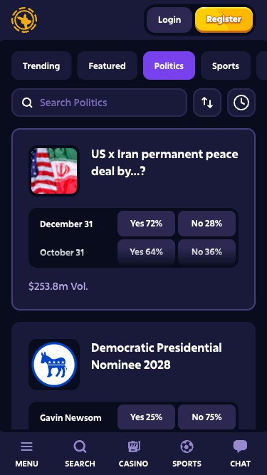Roobet Predictions on mobile - vertical card-stack listing political and crypto markets with multi-crypto buy buttons (BTC / ETH / SOL / LTC / USDT / USDC / XRP) and observed volume per market