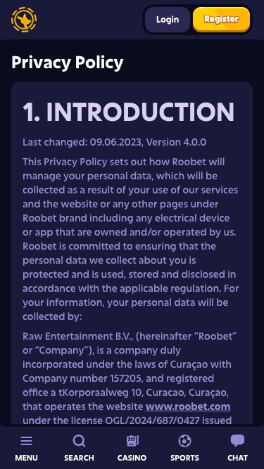 Roobet desktop sidebar nav with a dedicated Predictions tab between Casino and Sports - product surfacing parity with the operator's core verticals
