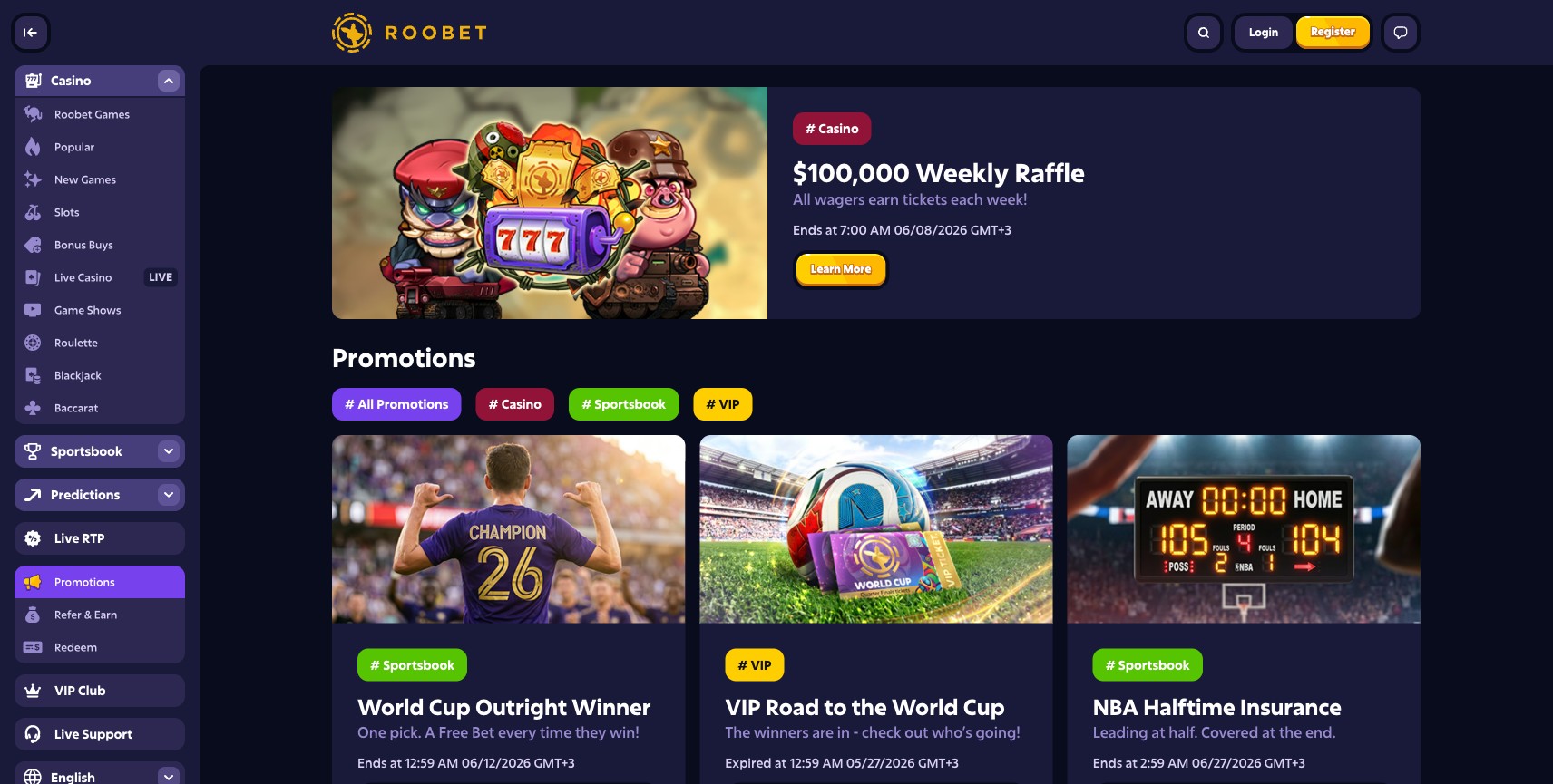 Roobet promotions page showing Welcome cashback up to $1,400 casino / $2,000 sportsbook, RooWards 2.0 loyalty programme, Refer and Earn promotional cards