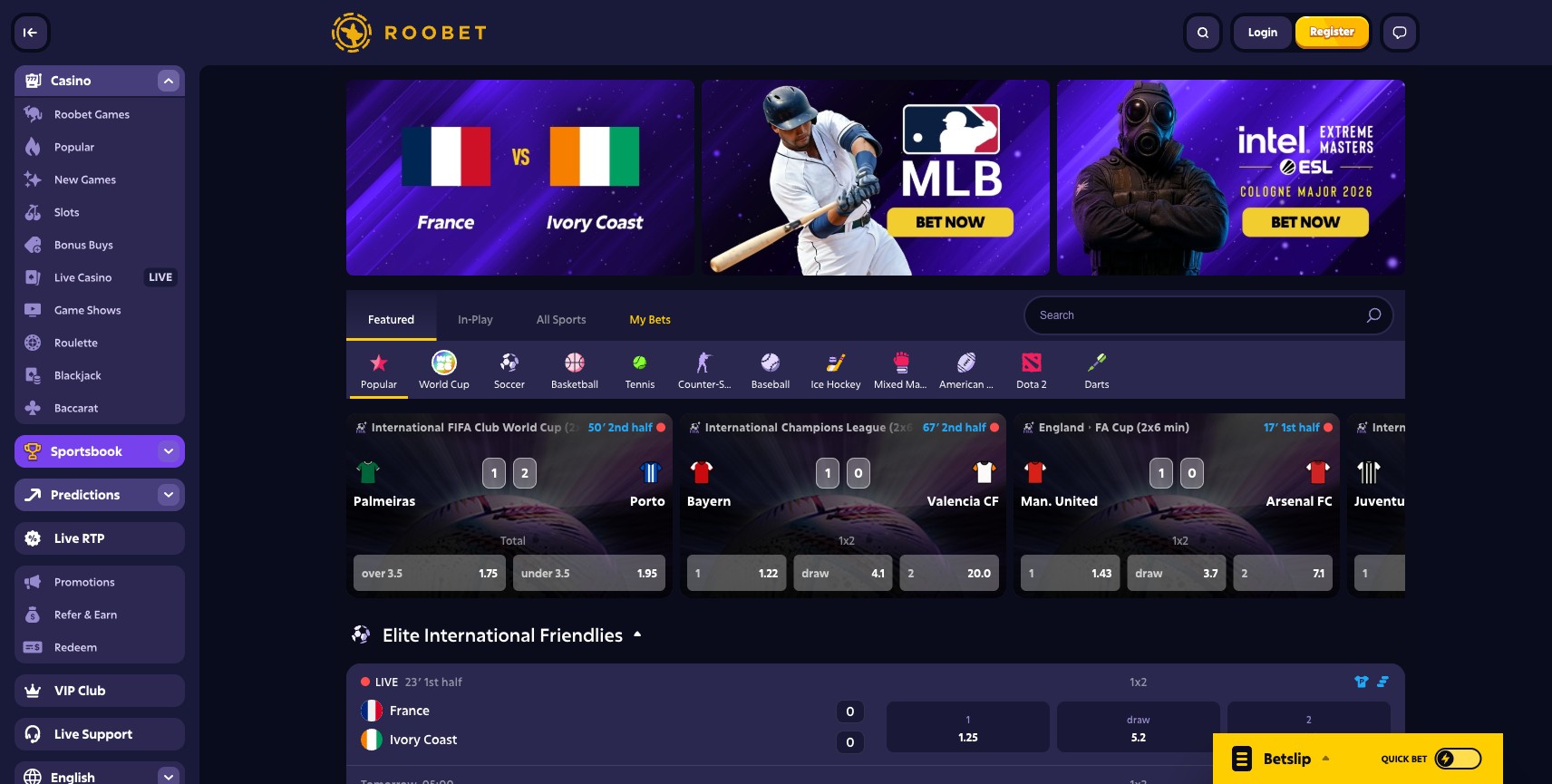 Roobet sportsbook with sports nav (Soccer, Basketball, Esports, Tennis, NCAA, MLB), live MLB odds rail, Welcome Package $1,400 sidebar, In-play live coverage strip