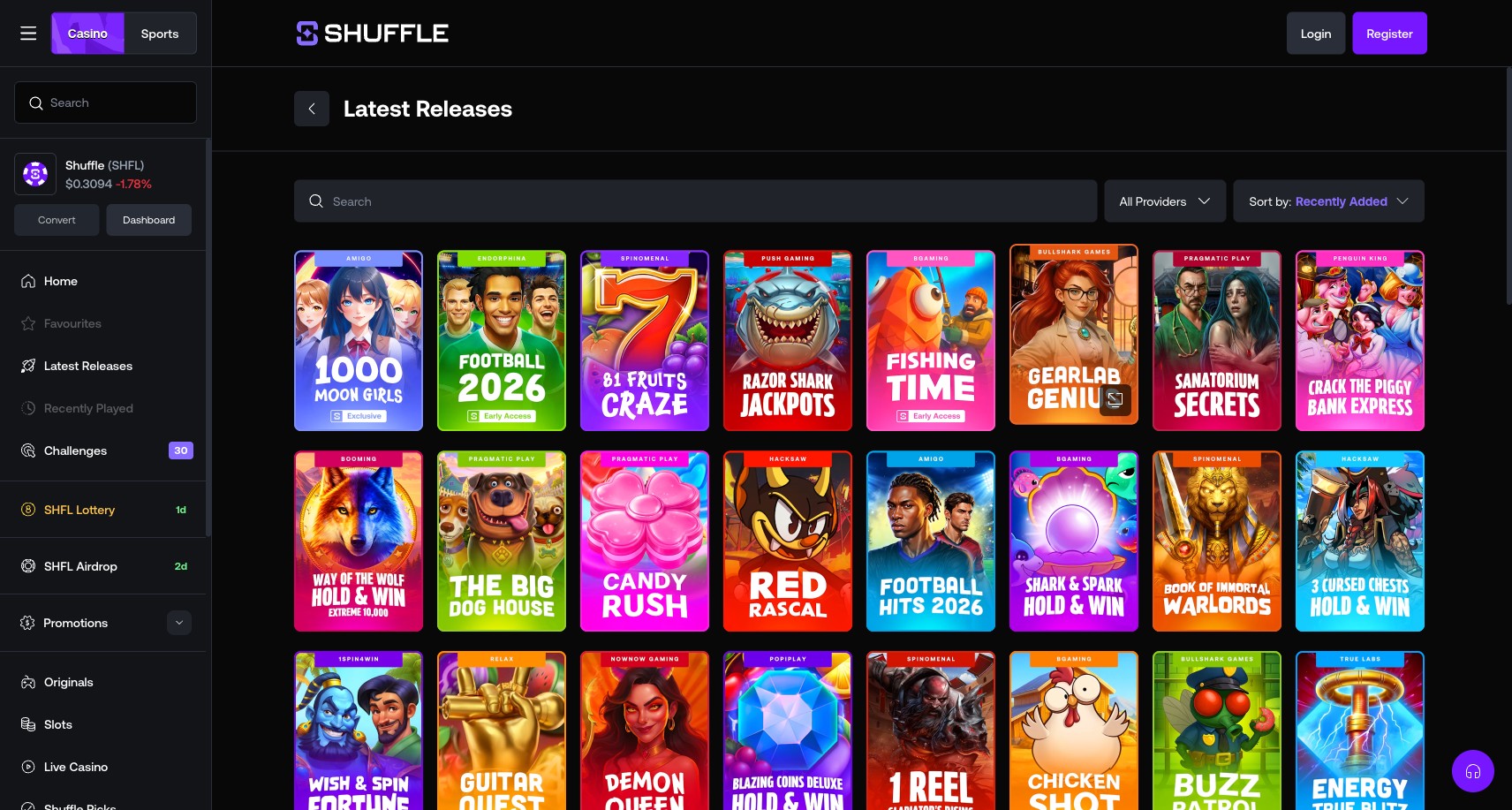 Shuffle casino lobby in English locale showing Latest Releases and All Providers categories with sort by Recently Added, providers visible include Pragmatic Play / Hacksaw Gaming / NoLimit City / BGaming / Push Gaming