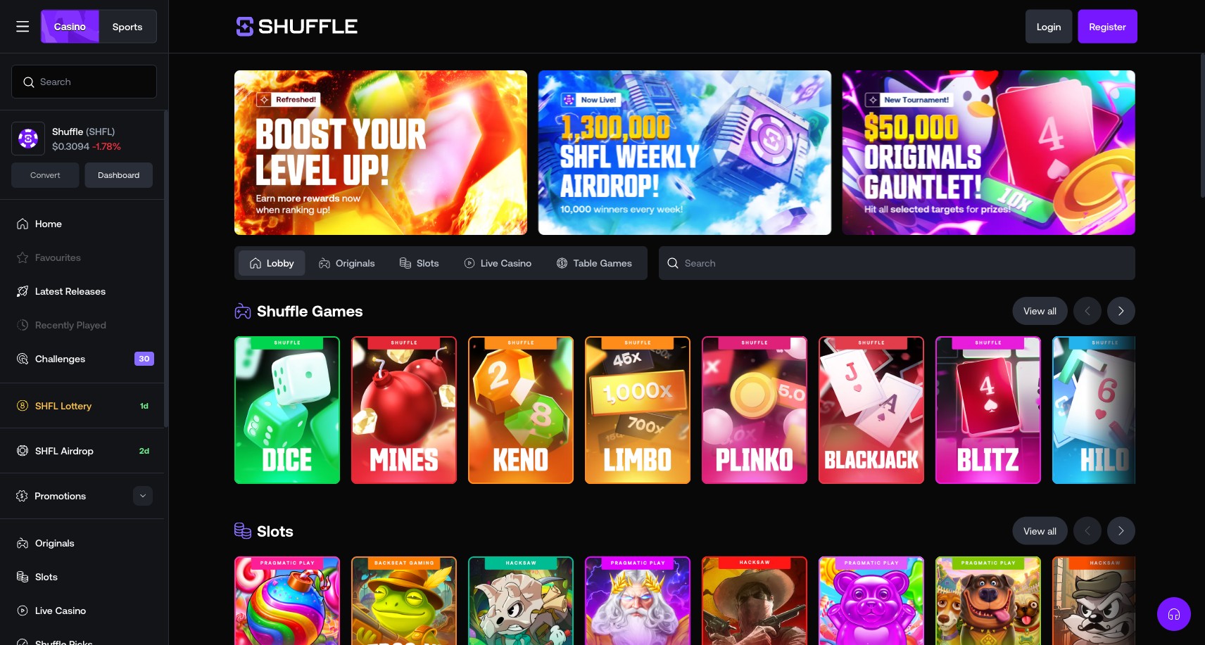 Shuffle homepage in English locale showing hero promotion, top navigation including Sports / Casino / Esports, signup CTA