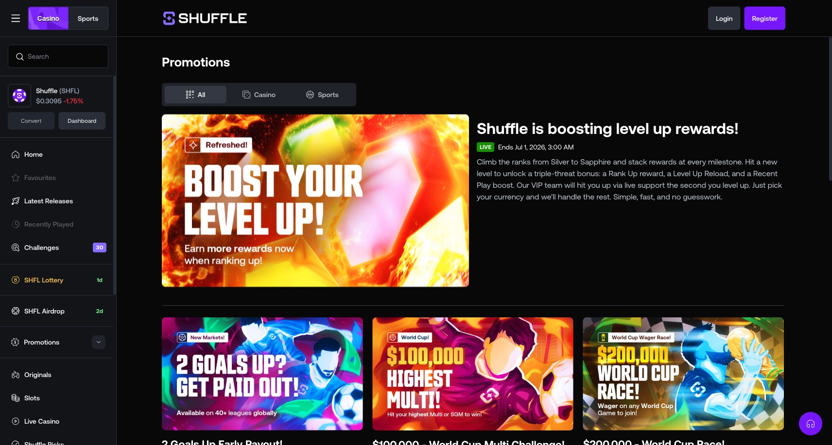 Shuffle promotions page with All / Casino / Sports tabs, Weekly Race $100K prize pool counter visible, ongoing leaderboards and promo cards