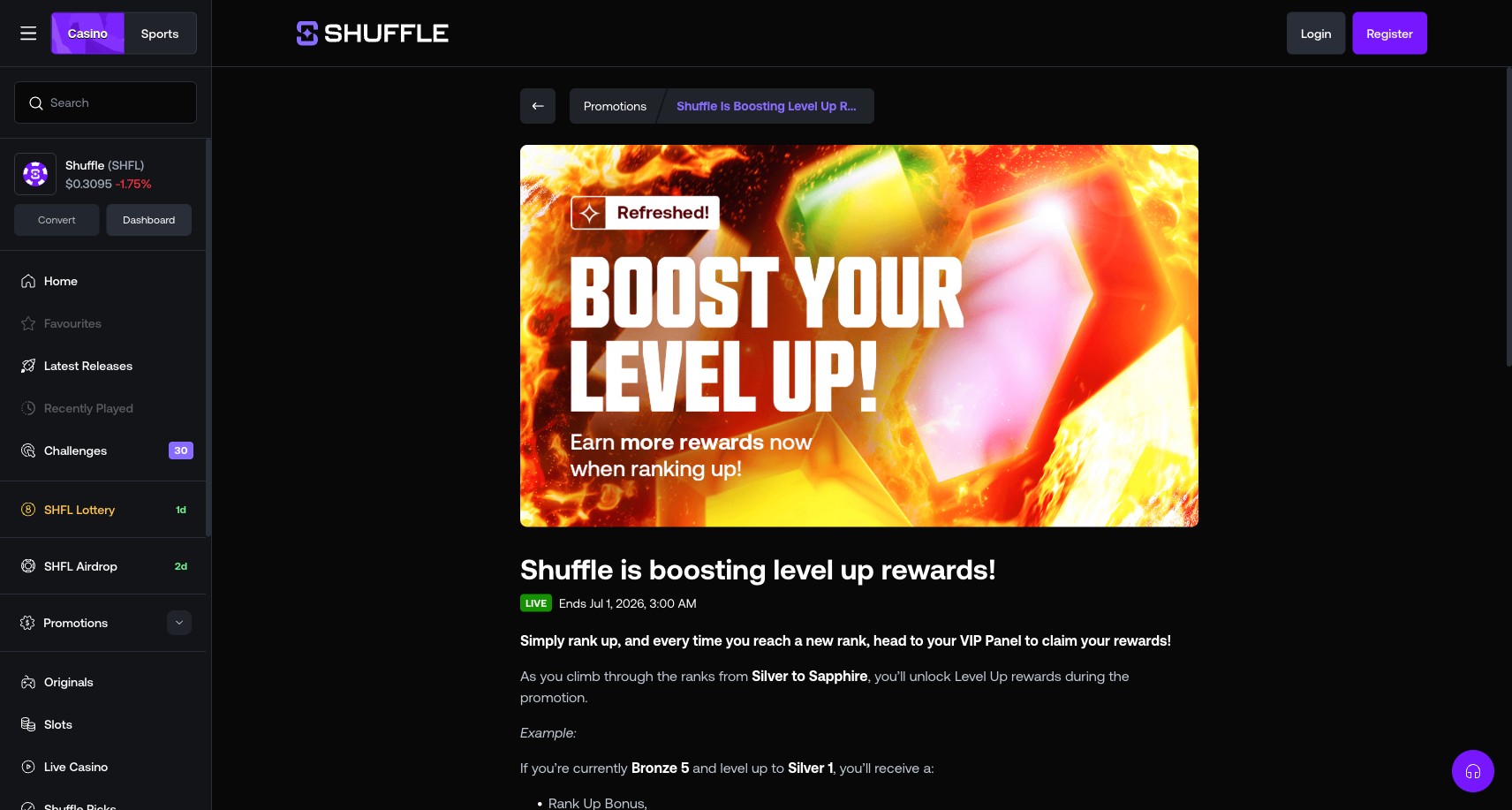 Shuffle VIP Level Up loyalty promotion showing rank-up ladder Silver through Sapphire with rank-up rewards mechanic