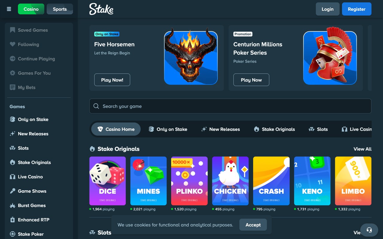 Stake casino lobby with provider filters, Stake Originals row, and slot game tiles