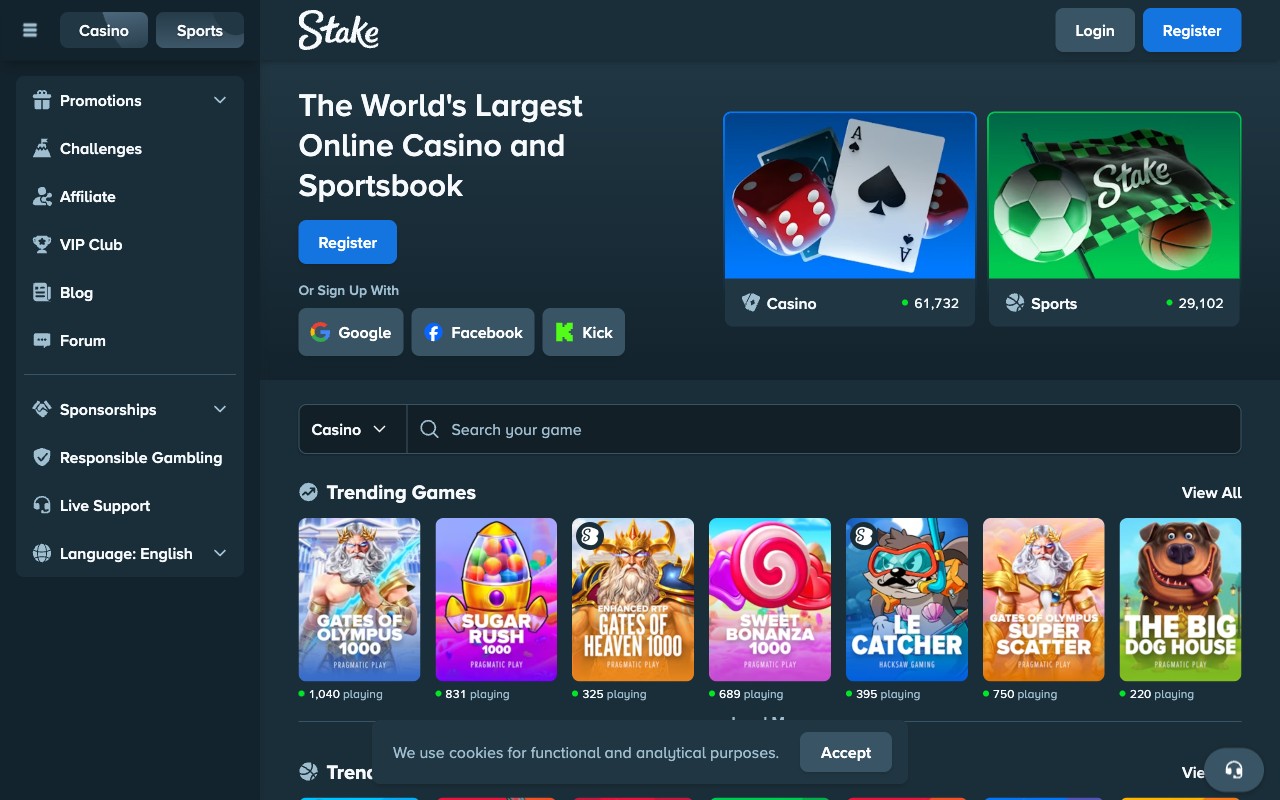 Stake.com homepage with hero cards for Casino (61,732 active) and Sports (29,102 active), trending games row underneath