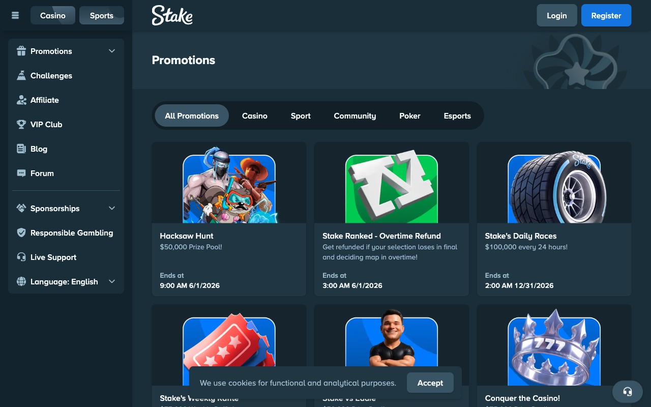 Stake promotions page showing $100K Daily Races, $75K Weekly Raffle, $150K Monthly Wheel Wars, $500K All-in-or-Fold Jackpot, Centurion Millions Poker Series