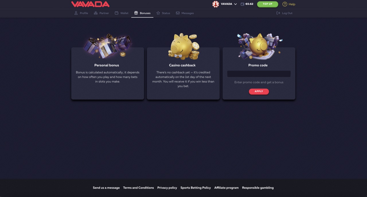 Vavada bonuses page in English locale showing 3 bonus cards: Personal bonus (calculated automatically based on play history), Casino cashback (10% monthly credited on 1st of next month - 'There's no cashback yet - it's credited automatically on the 1st day of the next month'), Promo code field with Apply button
