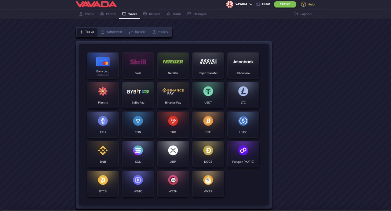 Vavada cashier in English locale - Top up tab + Withdrawal + Transfer + History sub-tabs, 20 payment method tiles: Bank card Mastercard, Skrill, Neteller, Rapid Transfer, Jetonbank, Piastrix, ByBit Pay, Binance Pay, USDT, LTC, ETH, TON, TRX, BTC, USDC, BNB, SOL, XRP, DOGE, Polygon MATIC, BTCB, WBTC, WETH, WXRP