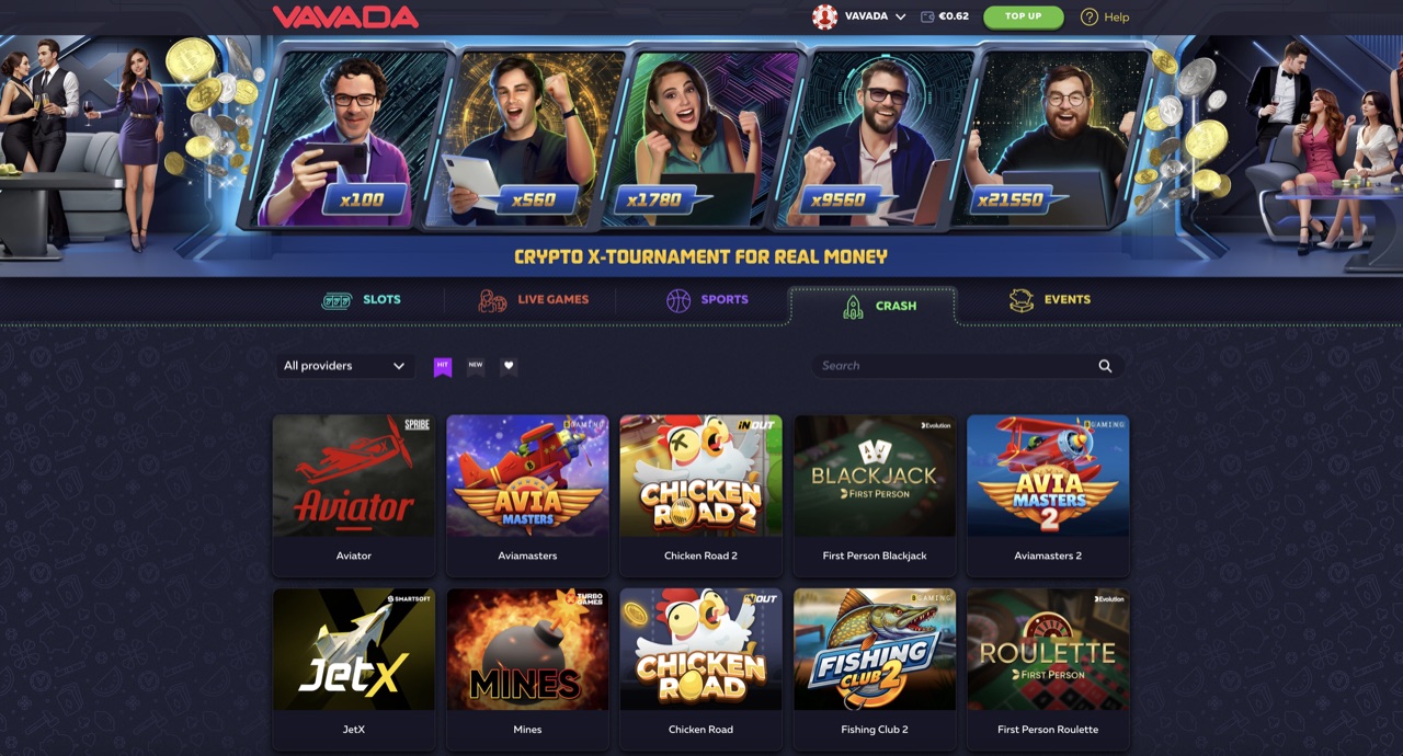 Vavada crash games lobby in English locale with CRASH tab active, Crypto X-Tournament for Real Money banner with multiplier prizes, crash + arcade titles: Aviator, Aviamasters, Chicken Road 2, First Person Blackjack, Aviamasters 2, JetX, Mines, Chicken Road, Fishing Club 2, Roulette First Person