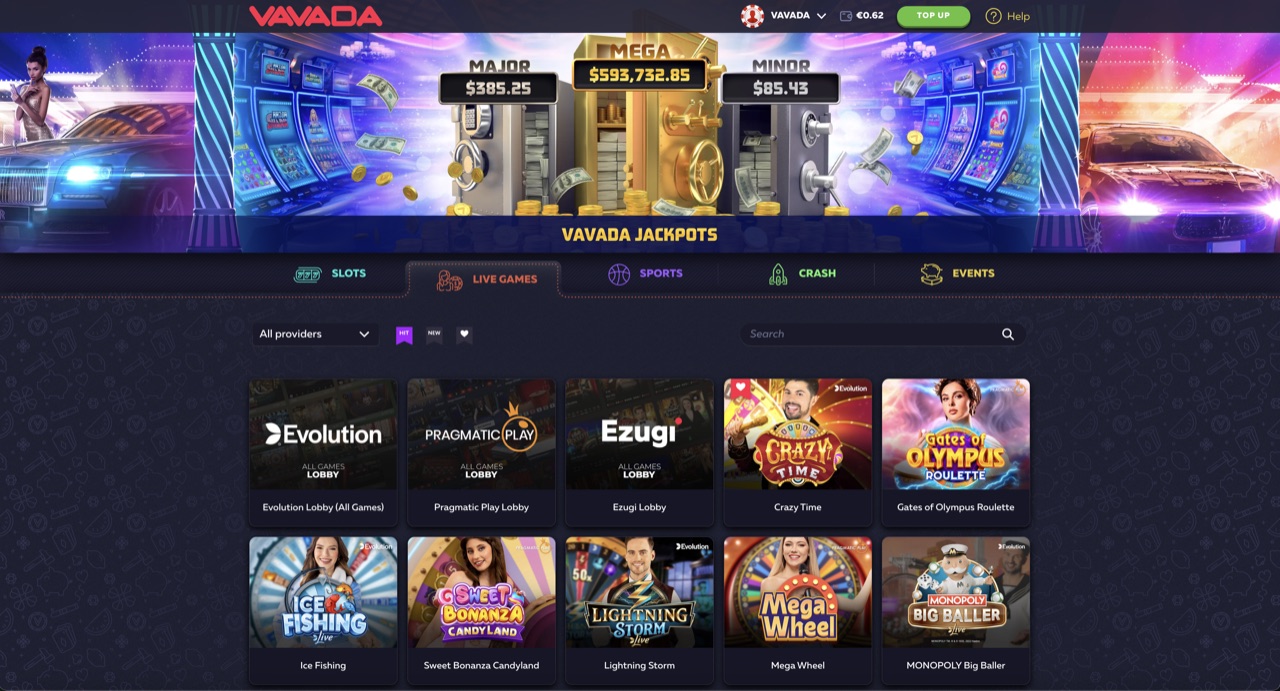 Vavada live games lobby in English locale with LIVE GAMES tab active, MEGA $593,732.85 + MAJOR $385.25 + MINOR $85.45 Vavada Jackpots banner, Evolution Lobby (All Games), Pragmatic Play Lobby, Ezugi Lobby + Crazy Time, Gates of Olympus Roulette, Ice Fishing, Sweet Bonanza Candyland, Lightning Storm, Mega Wheel, MONOPOLY Big Baller