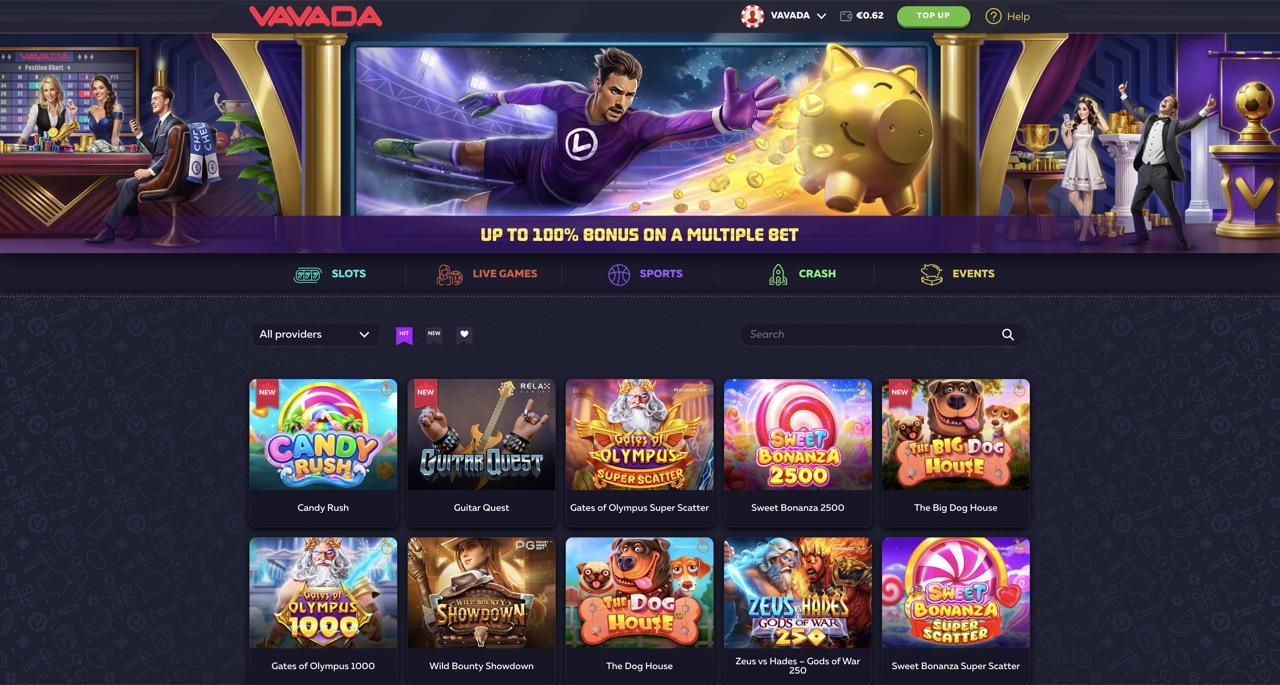 Vavada slots lobby in English locale showing top nav (Slots / Live Games / Sports / Crash / Events) with SLOTS tab active, Up to 100% bonus on a multiple bet banner, slot tiles: Candy Rush, Guitar Quest, Gates of Olympus Super Scatter, Sweet Bonanza 2500, The Big Dog House, Gates of Olympus 1000, Wild Bounty Showdown, The Dog House, Zeus vs Hades Gods of War, Big Bonanza Super Scatter