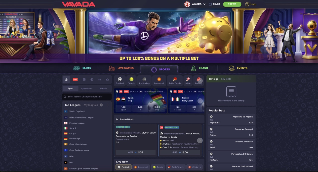 Vavada sportsbook in English locale - documented secondary vertical with SPORTS tab active, leagues list (World Cup 2030, UEFA Champions League, Premier League, Serie A, La Liga, Bundesliga + 50 more), live match odds, betslip + popular bets panel