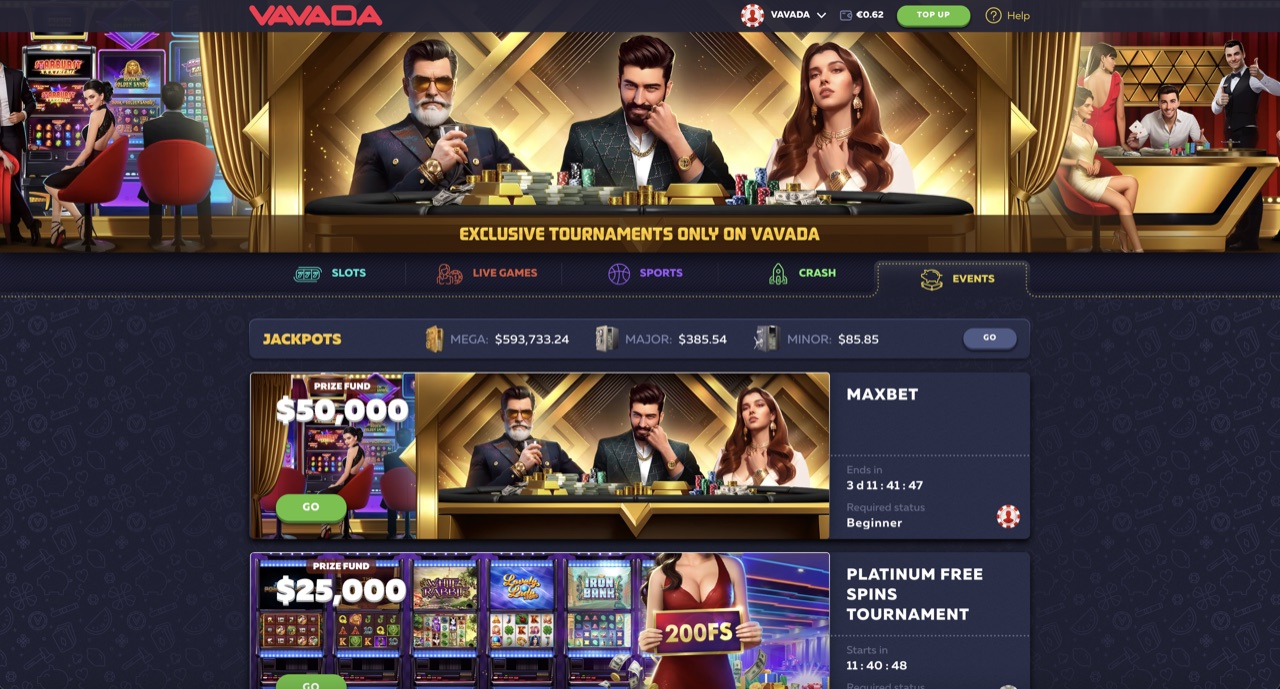 Vavada tournaments + events lobby in English locale with EVENTS tab active, Vavada-internal jackpots: MEGA $593,733.24 + MAJOR $385.54 + MINOR $85.85, $50,000 MAXBET tournament + $25,000 Platinum Free Spins Tournament cards with countdown timer